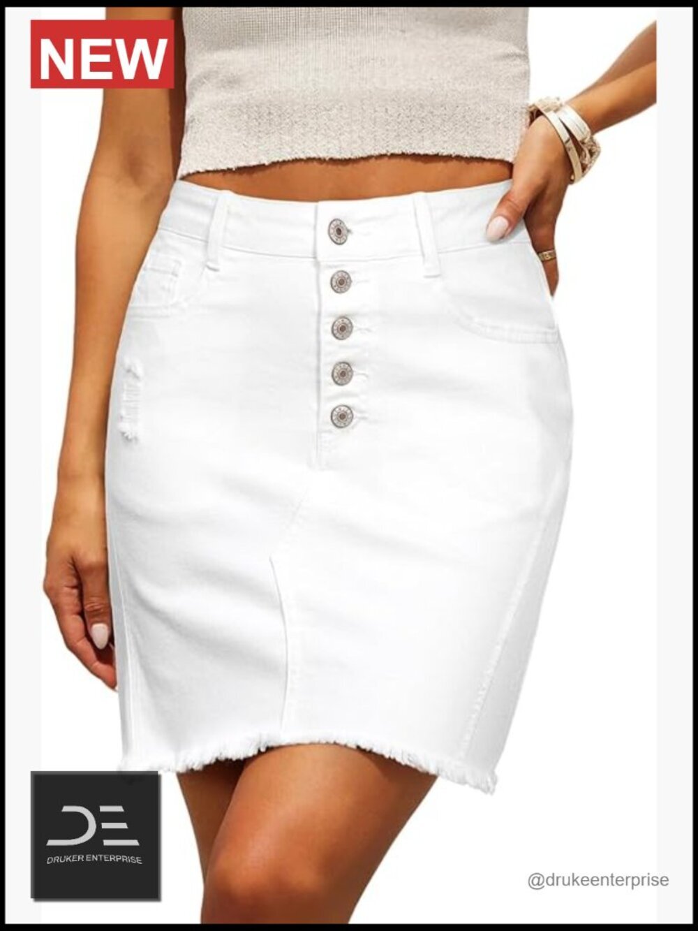 High-Waisted Ripped Frayed Hem Stretchy Denim Skirt with Button Fly
